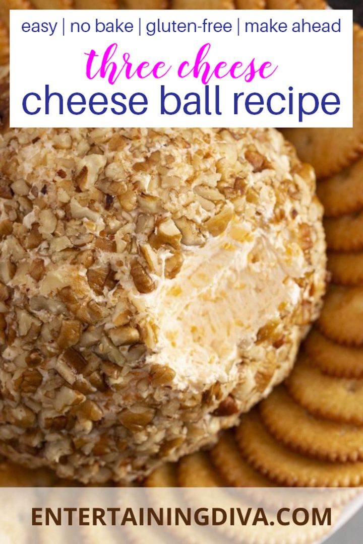 Easy, no-bake, gluten-free, make in advance triple cheese ball with a walnut coating