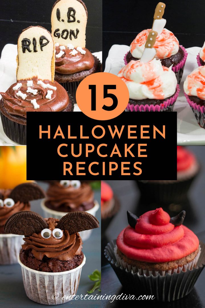 Graveyard cupcakes, bloody knife cupcakes, bat Halloween cupcakes and devil cupcakes