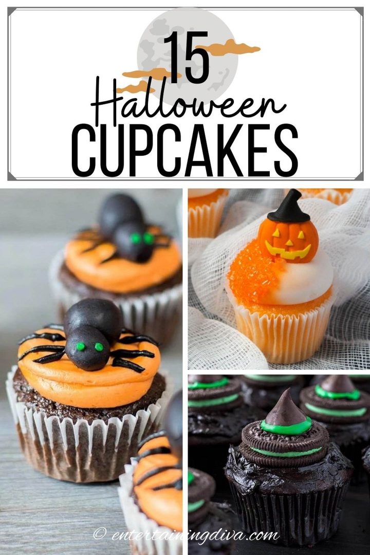15 Halloween cupcake recipes with pictures of spider cupcakes, pumpkin cupcakes and witch  hat cupcakes