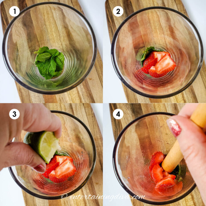 How to muddle mint, strawberries and lime in a glass