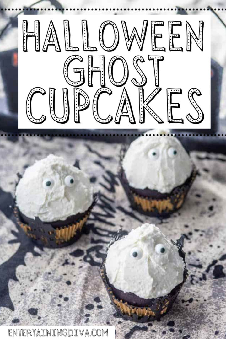Easy Hallowen ghost cupcakes on a black and white background