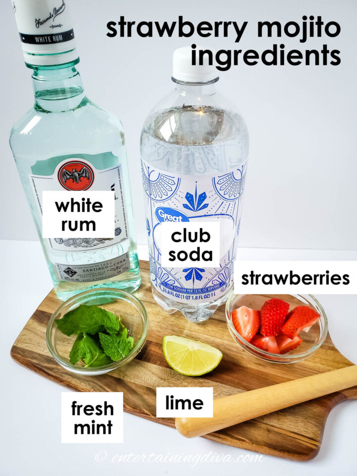 strawberry mint mojito ingredients: white rum, fresh mint, lime, strawberries, club soda