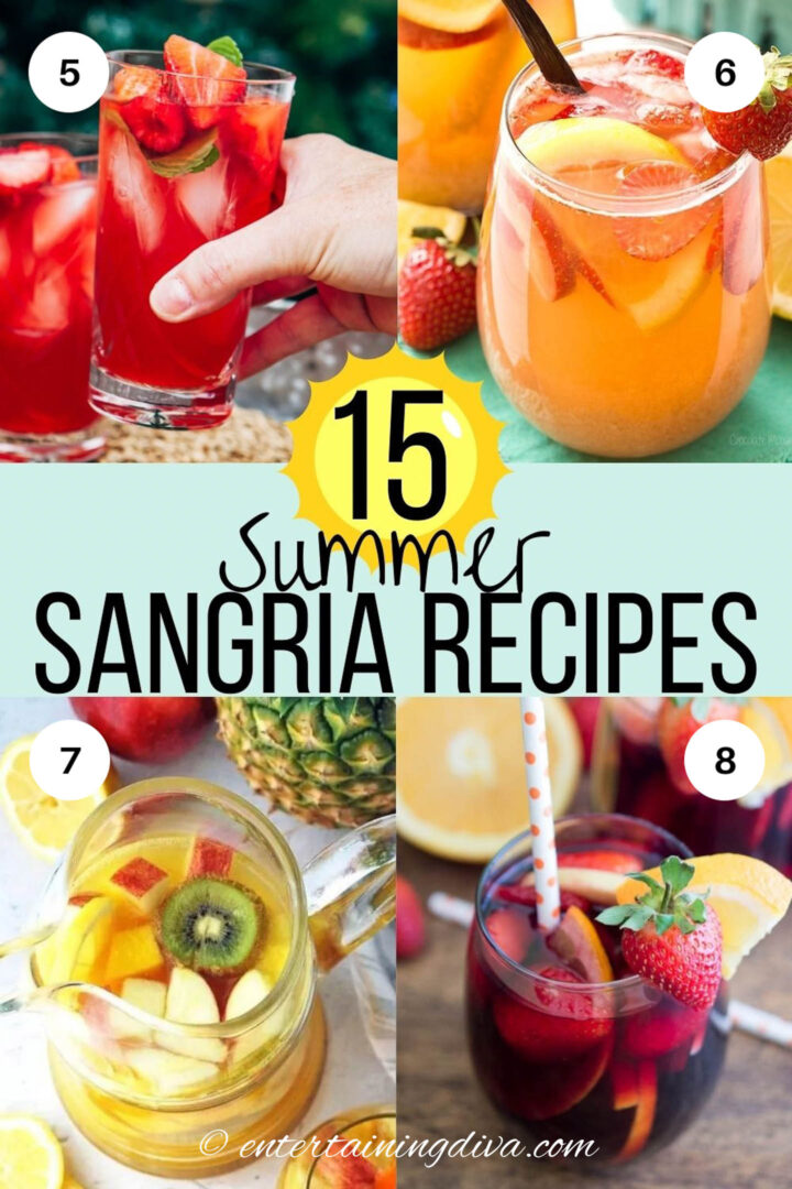 Strawberry lemonade sangria, strawberry vanilla sangria, tropical fruit sangria and red wine sangria