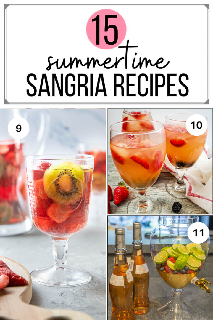 3 pictures of summer sangria recipes- kiwi strawberry sangria in a glass, triple berry sangria in glasses, berries and lime sangria ingredients - with the text summertime sangria recipes on the top