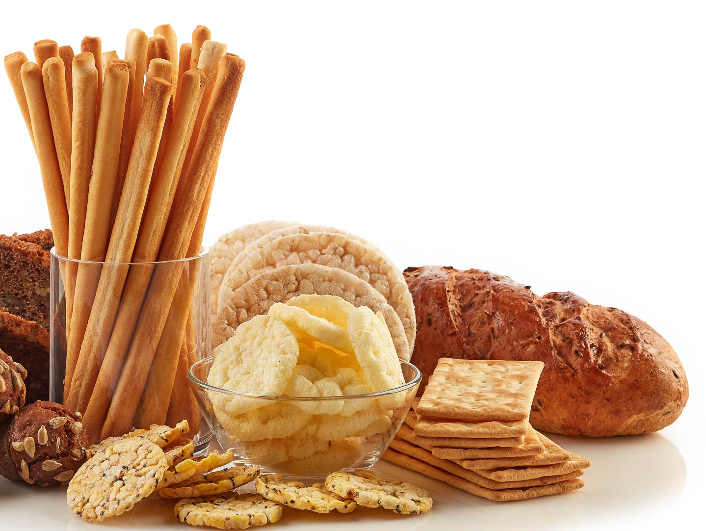 Different types of breadsticks, baguettes and crackers