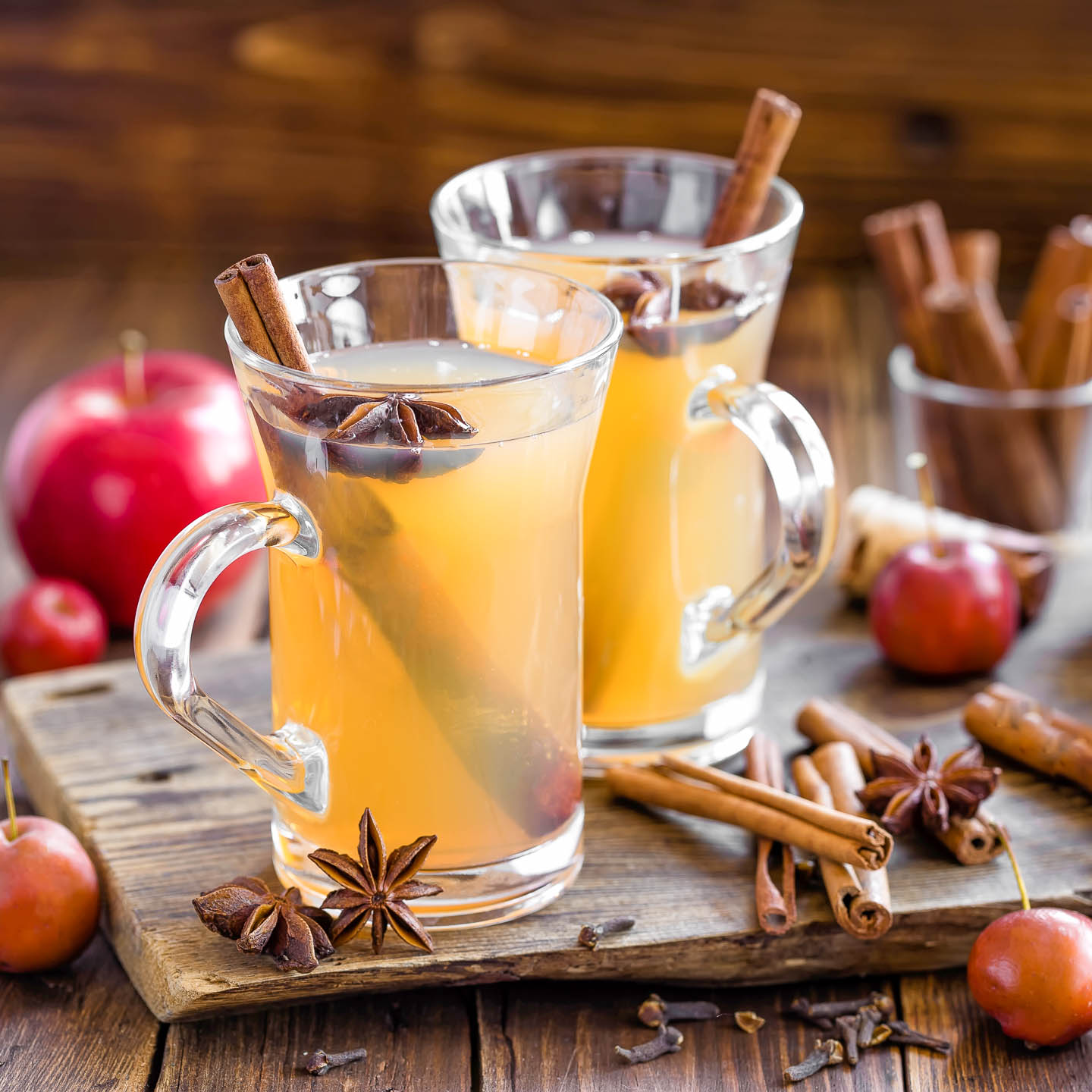 spiced apple cider in glasses with cinnamon sticks and star anise garnish