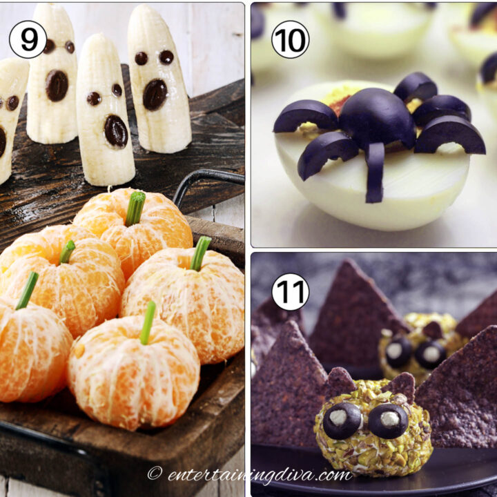 Halloween appetizers - banana ghosts, clementine pumpkins, spider deviled eggs and bat cheese balls