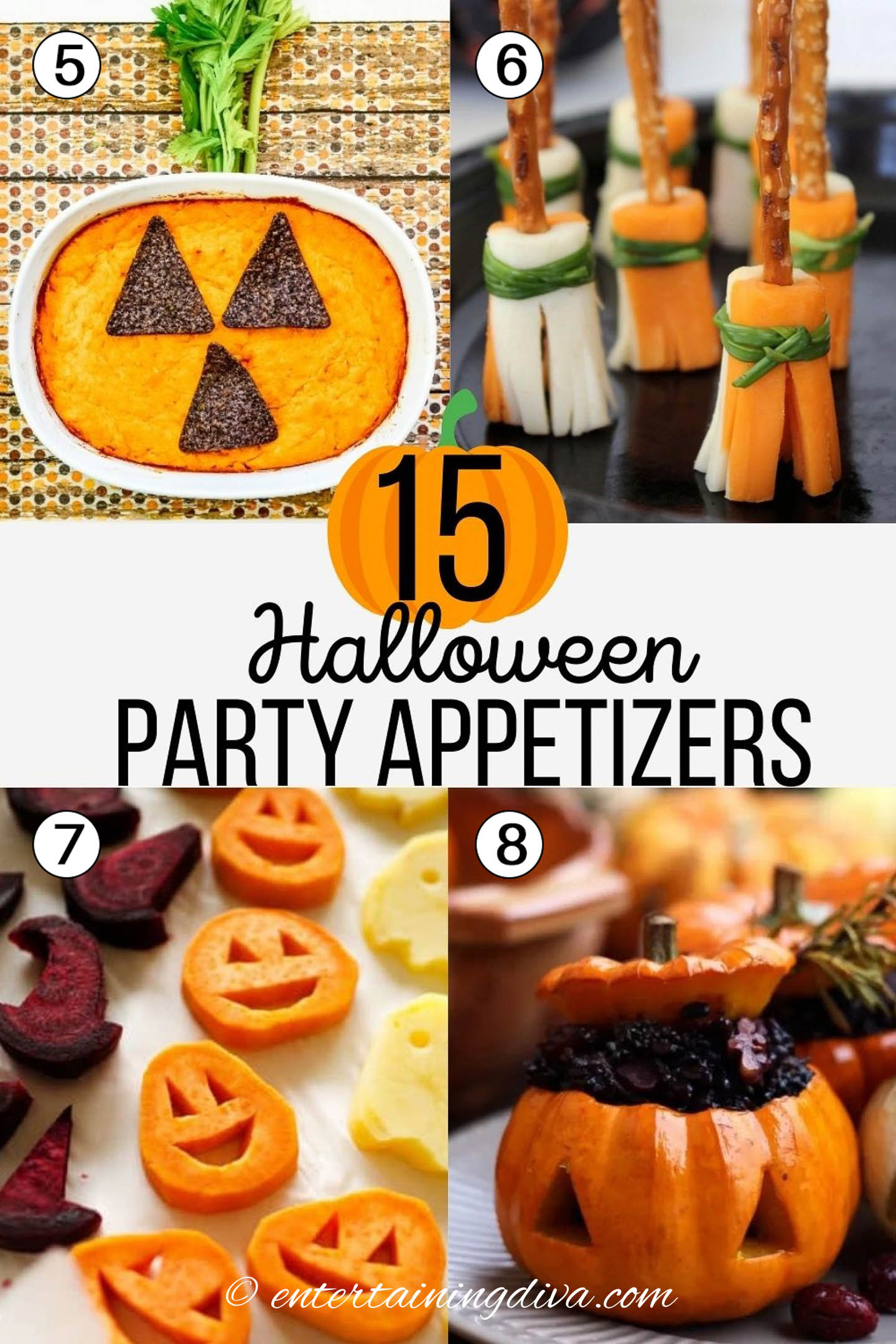 Halloween party appetizers - Halloween buffalo chicken dip, Witches broomstick appetizer, roasted Halloween vegetables, stuffed pumpkins