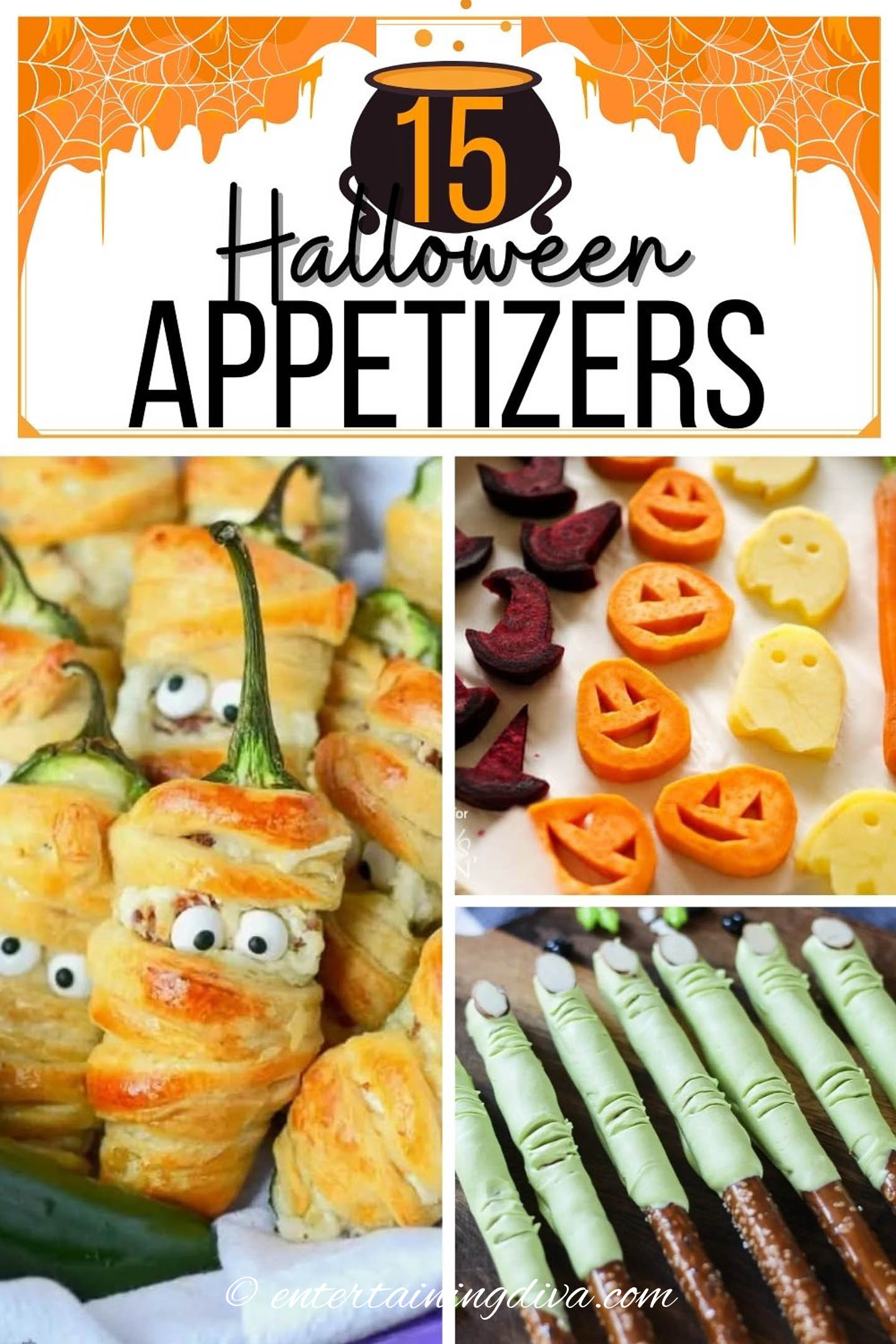 Halloween finger foods for adults - bacon wrapped jalapenos, veggie cut outs, Frankenstein fingers