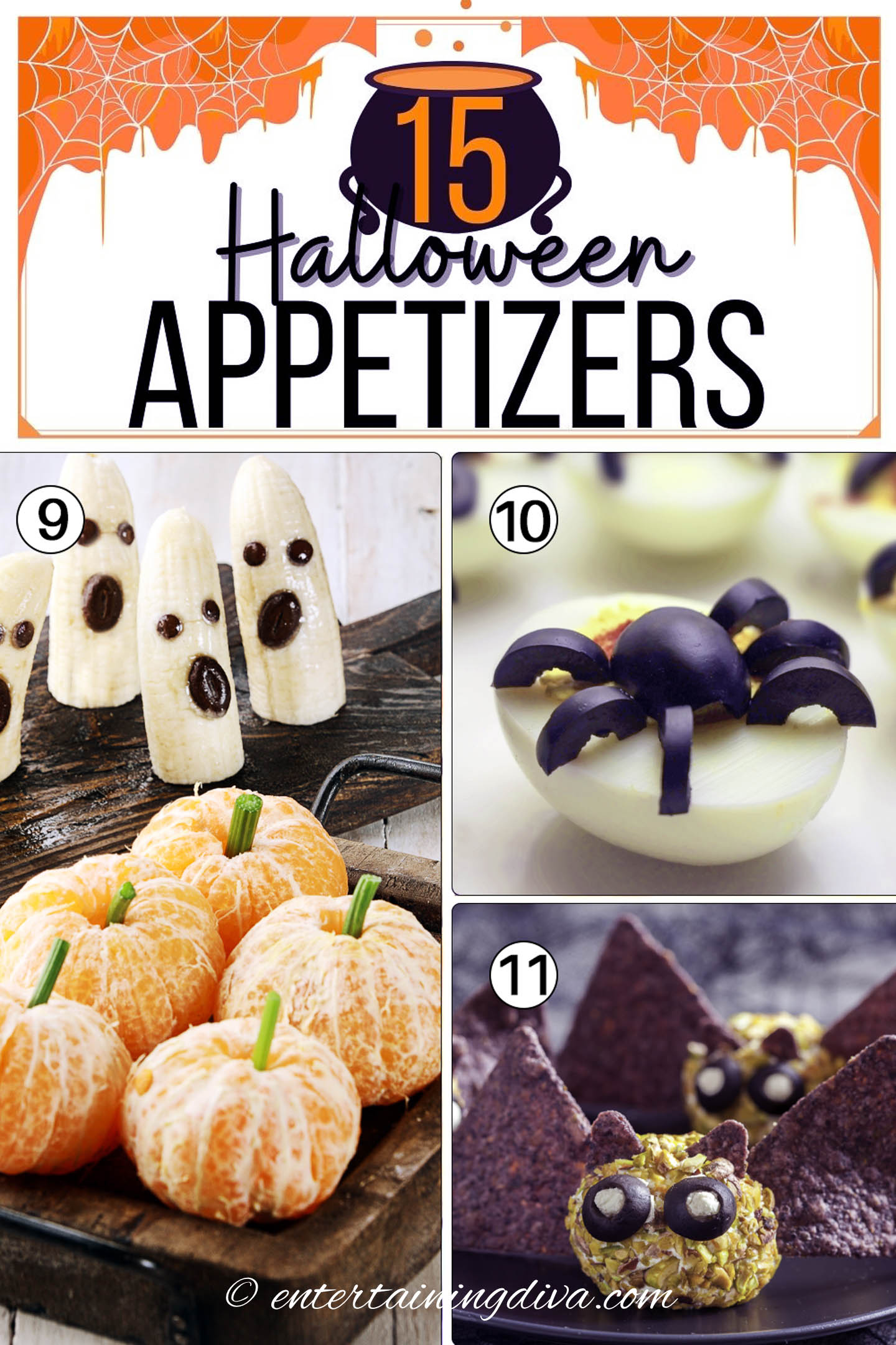 Halloween appetizers - ghost bananas, clementine pumpkins, spider deviled eggs, bat cheese balls