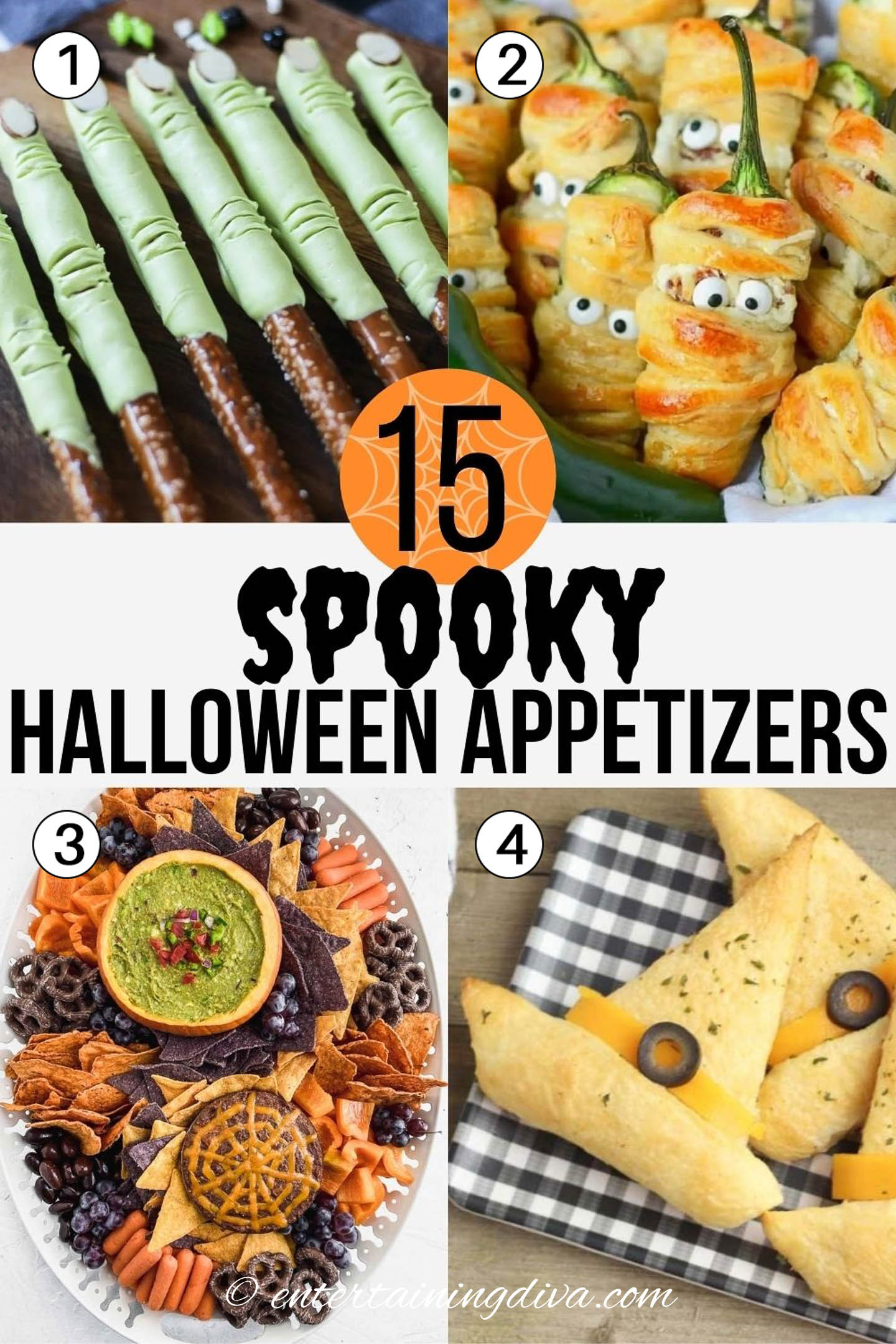 Spooky Halloween appetizers - Frankenstein fingers, bacon jalapeno mummies, Halloween charcuterie board, witch hat garlic bread