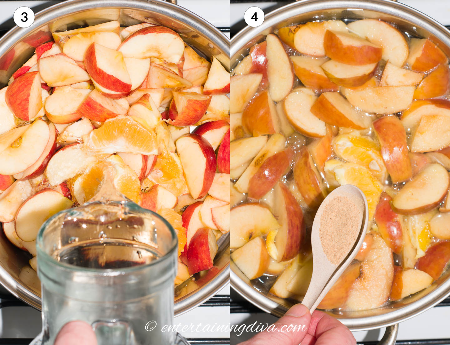 pouring water over sliced oranges and apples and adding sweetener