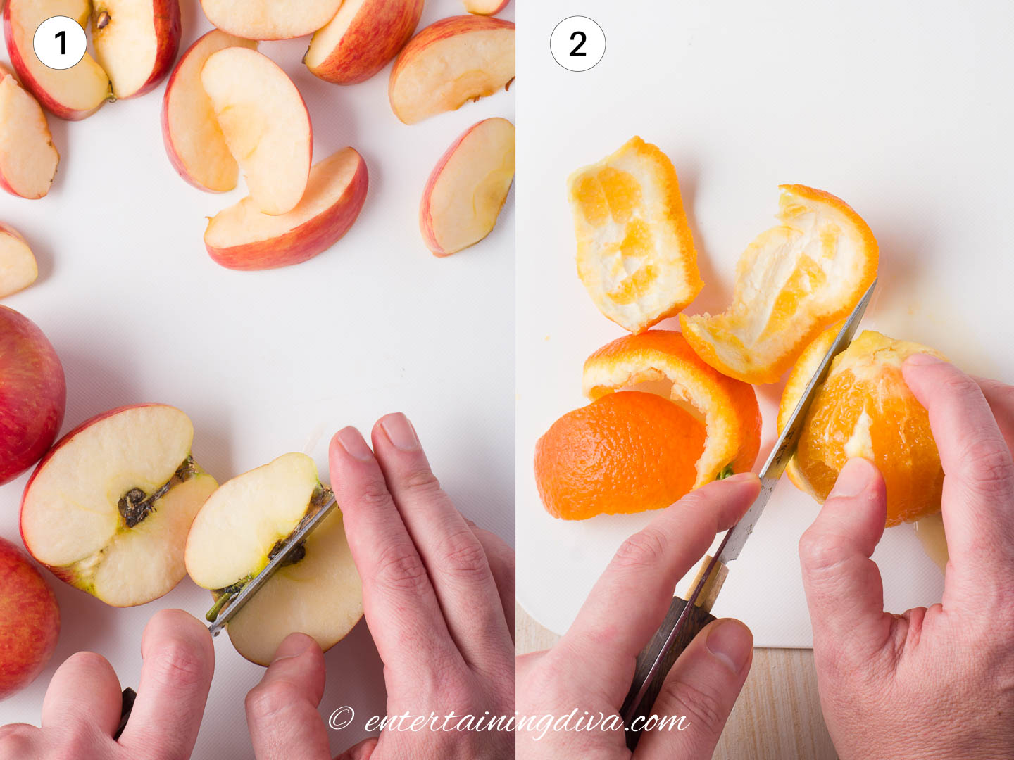 slicing apples and oranges on cutting board