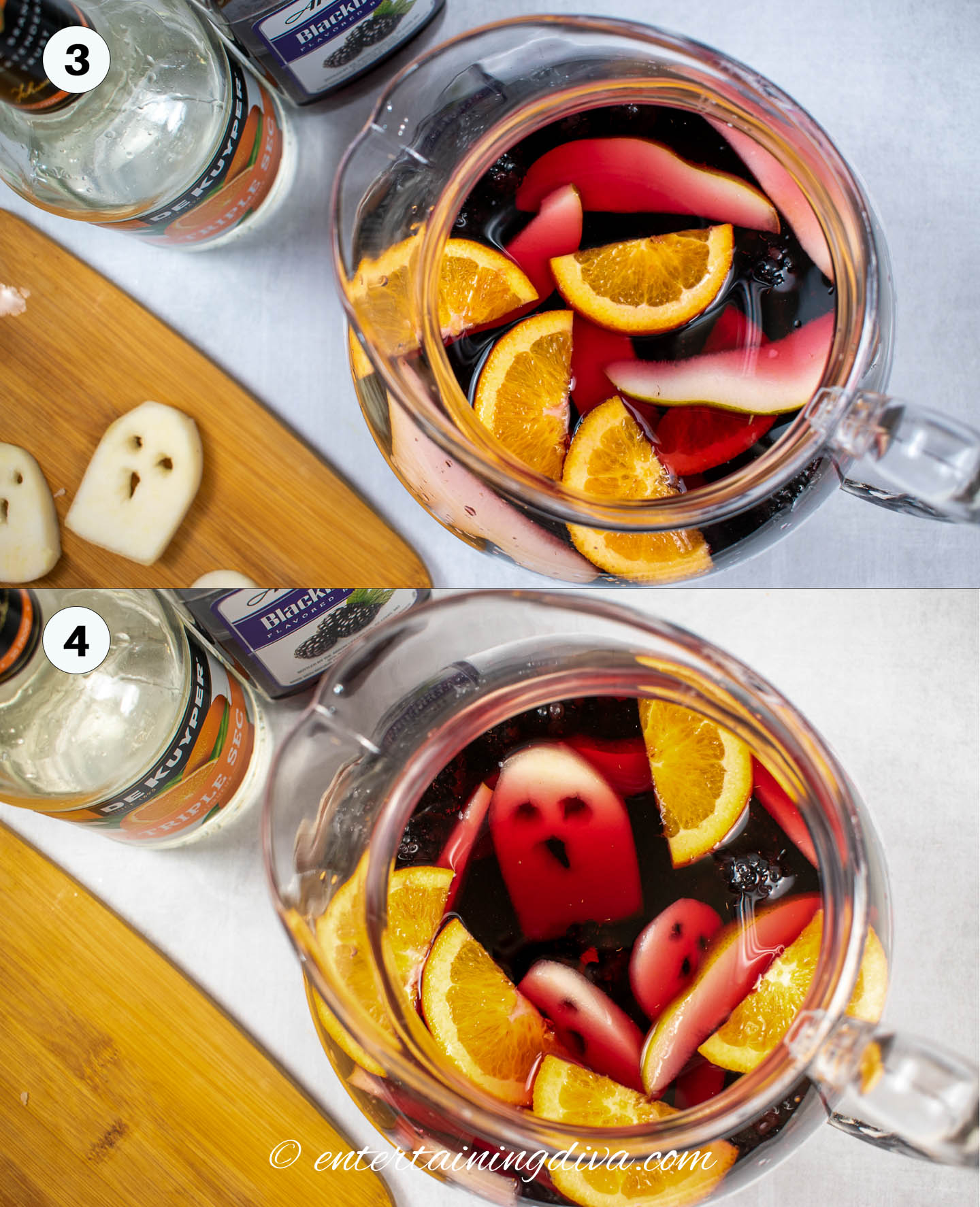 The process for mixing spooky Halloween sangria in a pitcher