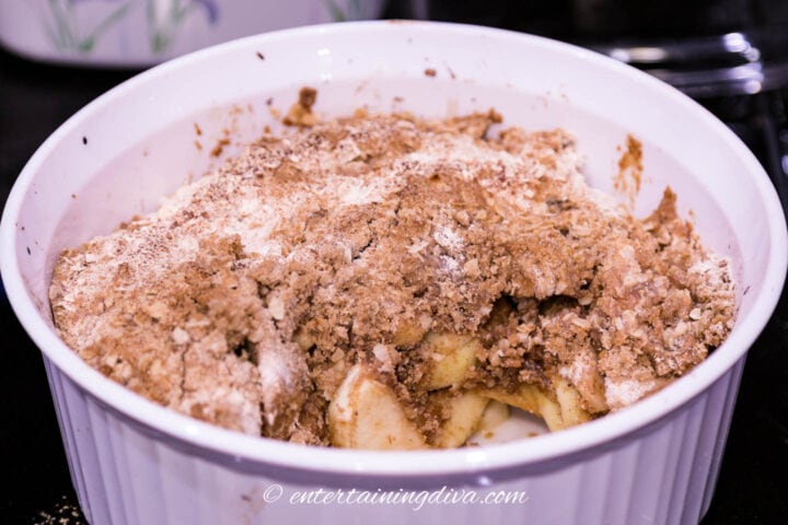 Apple crisp in a baking dish after it comes out of the oven