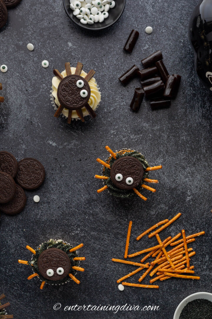 spider cupcakes with Oreo cookie bodies and licorice legs or pretzel legs
