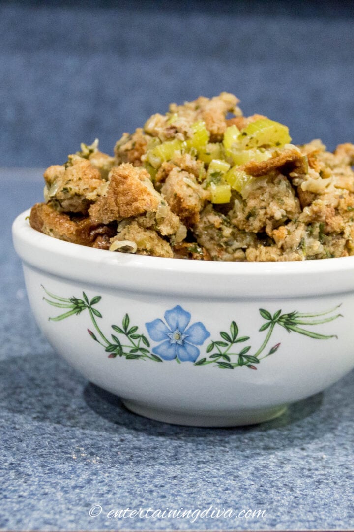 old-fashioned bread, celery and sage turkey stuffing in a bowl