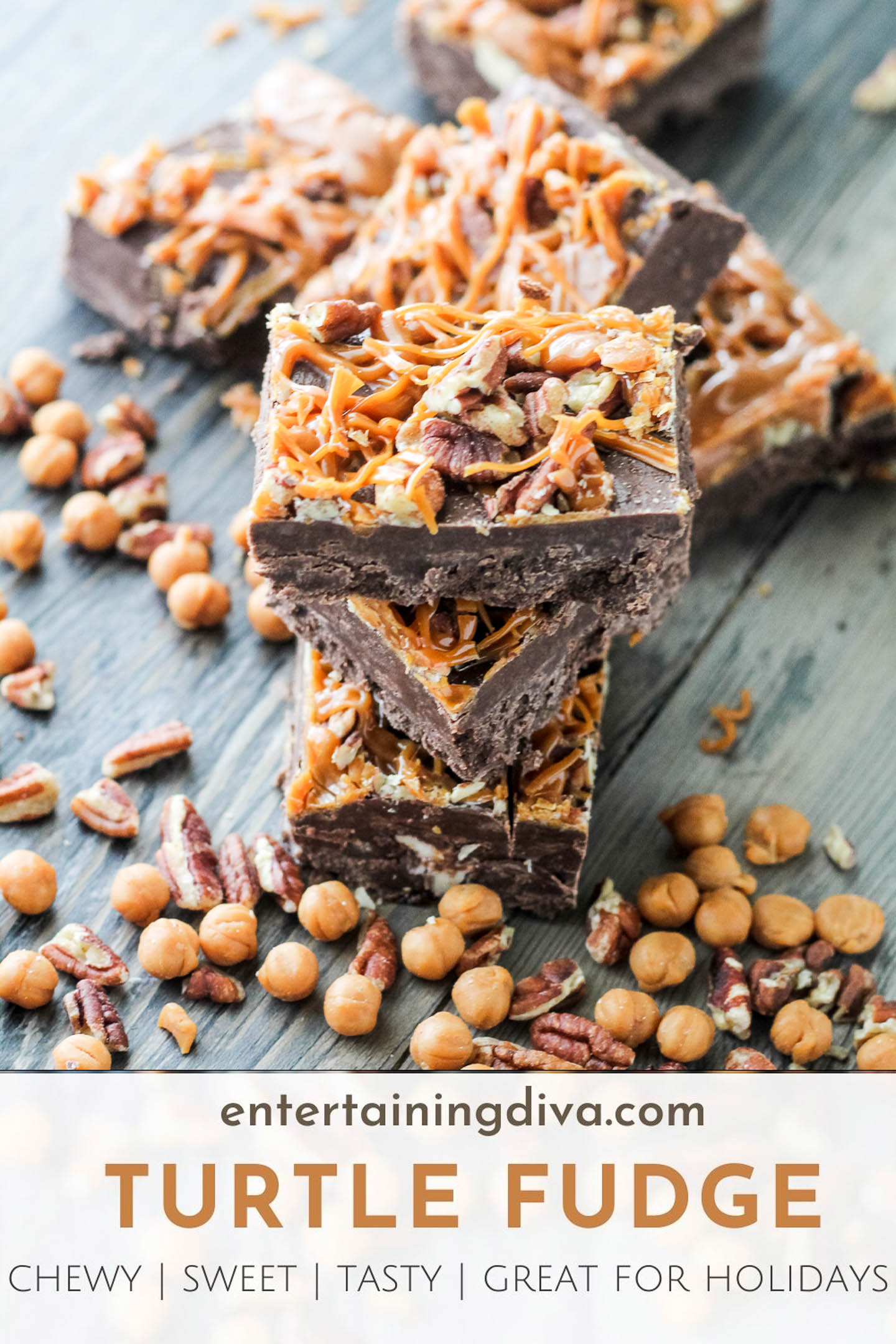 sweet, chewy and simple-to-make pecan turtle fudge with cream cheese