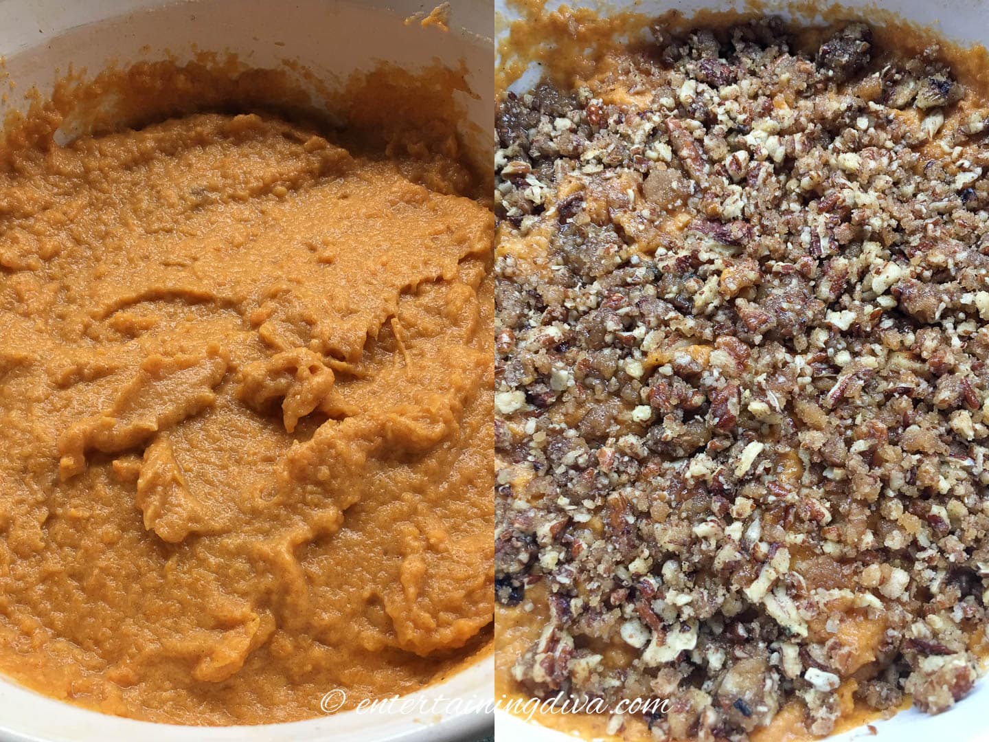 sweet potato mixture spread in a slow cooker and the pecan topping