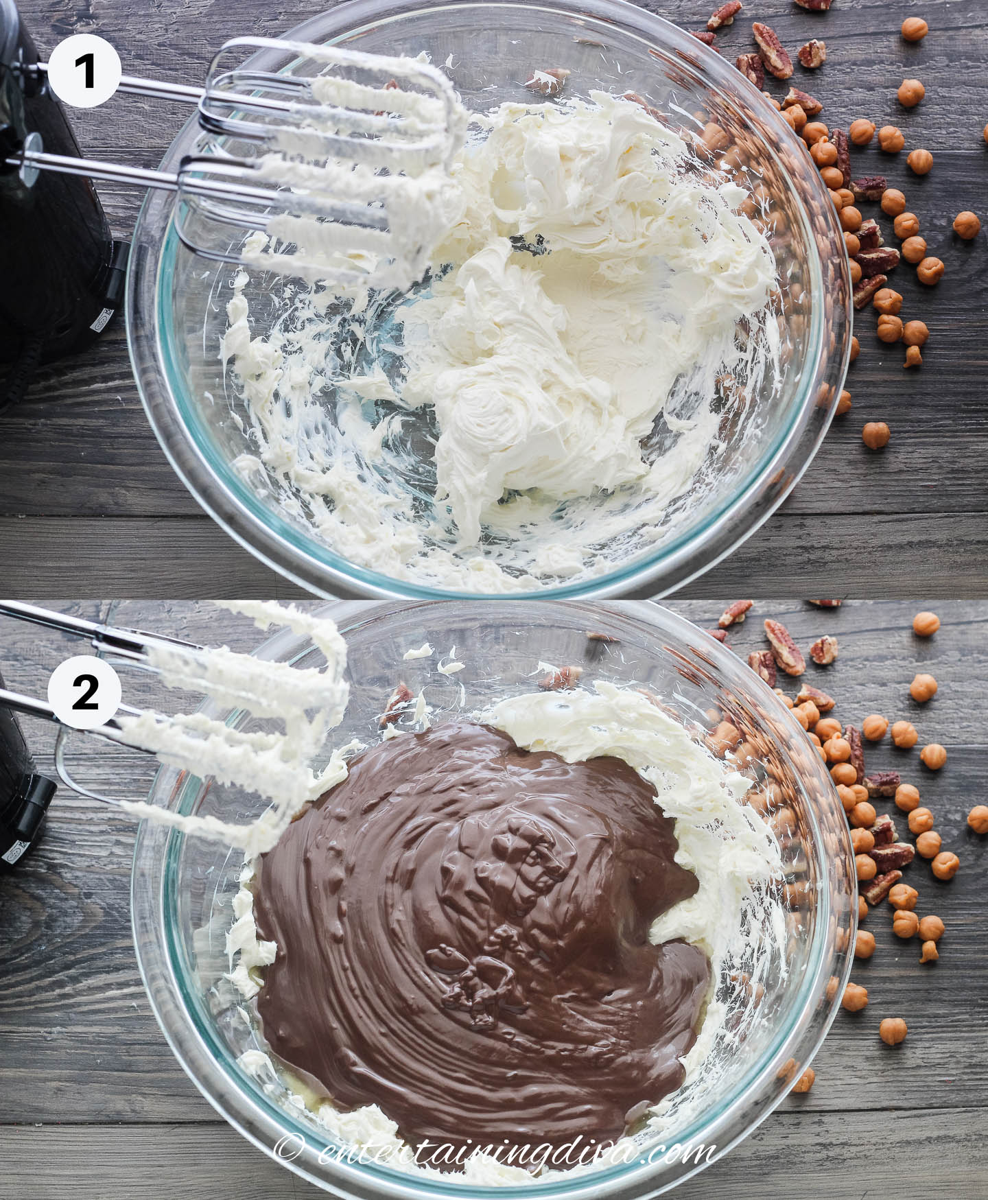 cream cheese in bowl with mixer and melted chocolate