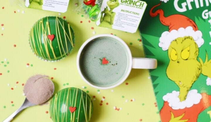 Grinch hot chocolate bombs with dark green shell