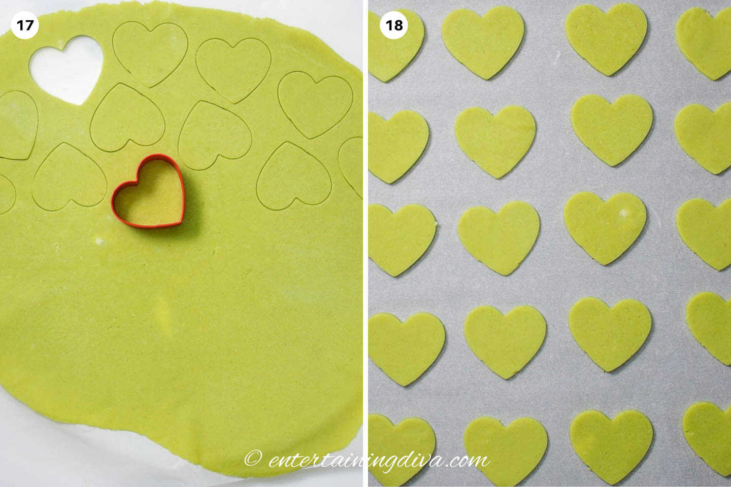 How to cut out hearts from the green cookie dough