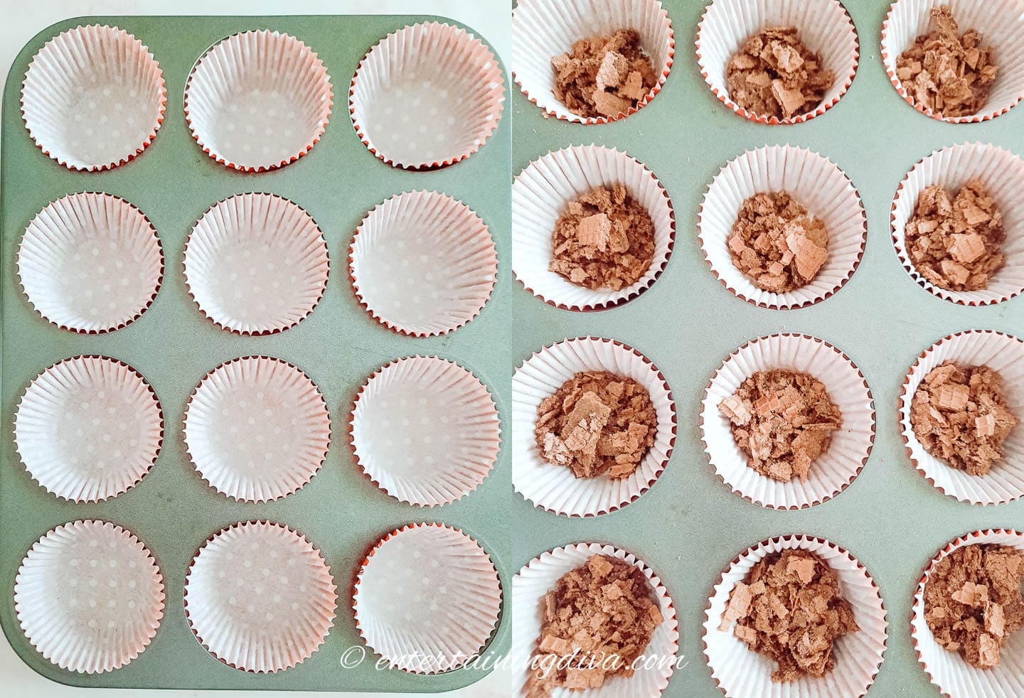 Cupcake tin lined and the bottom filled with crushed chocolate wafers