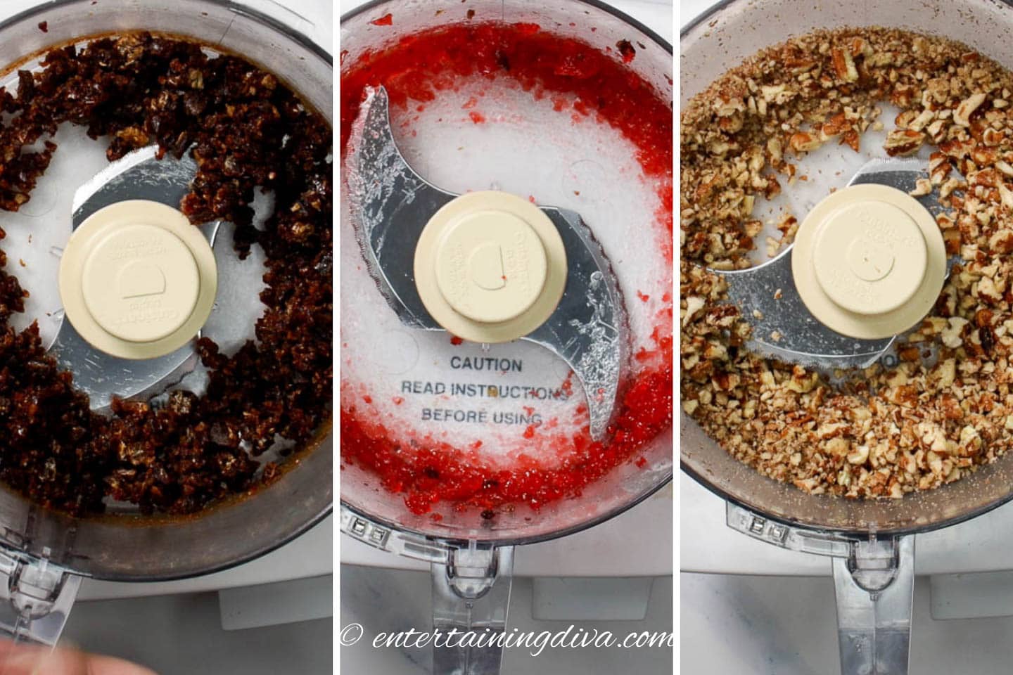 dates, maraschino cherries and nuts being chopped in a food processor