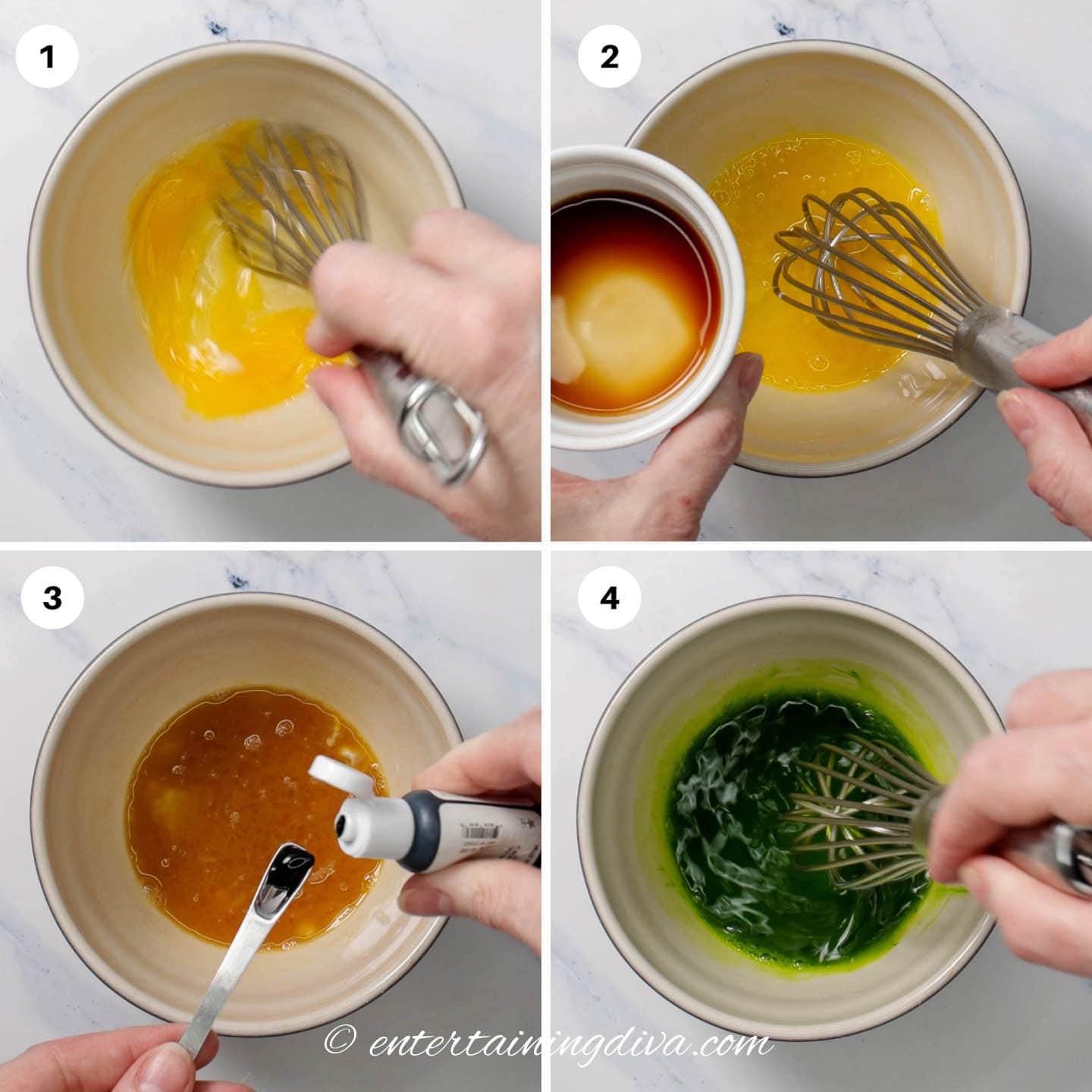 How to mix the eggs, flavoring and green food coloring with a whisk