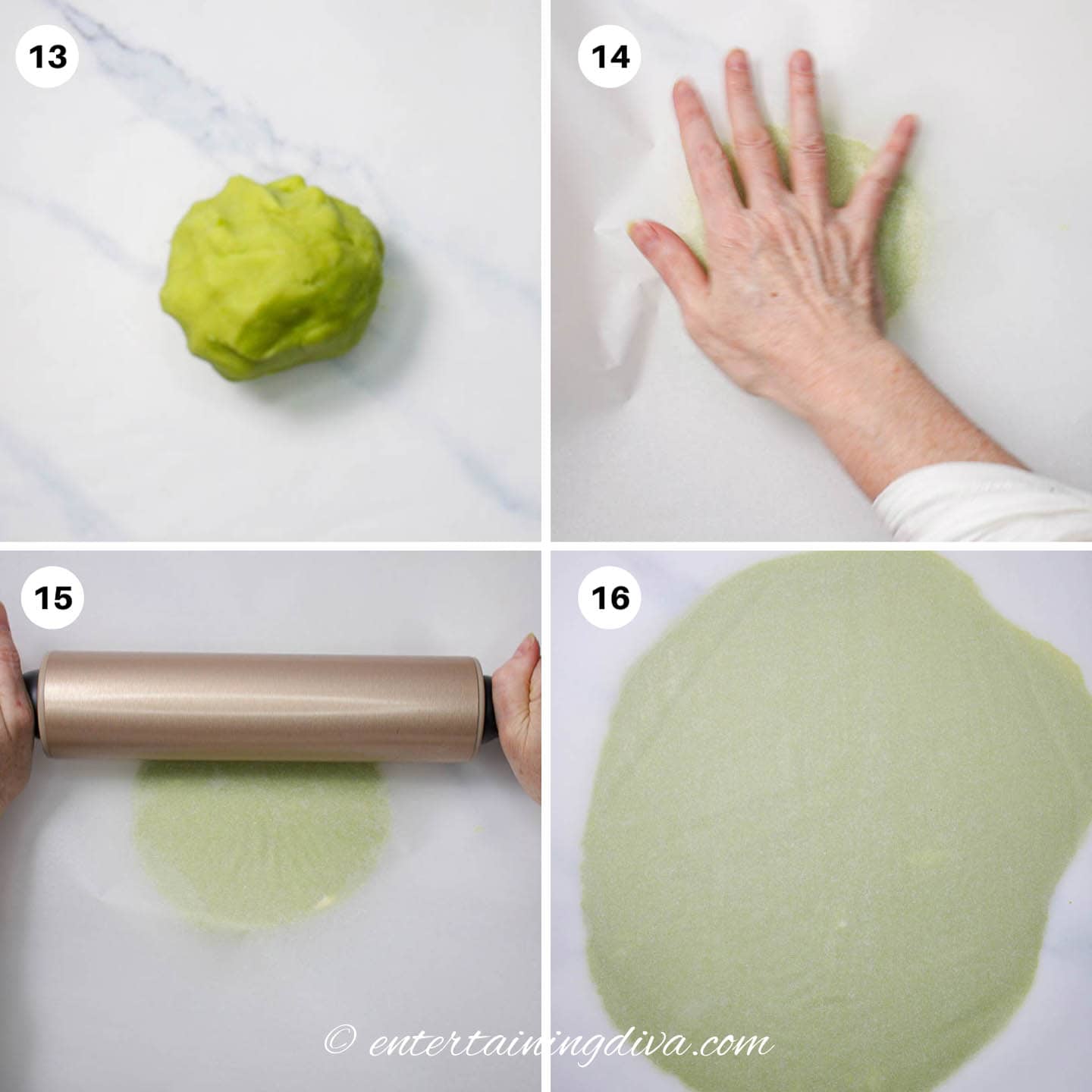 How to roll out the green grinch sugar cookie dough with a rolling pin and parchment paper