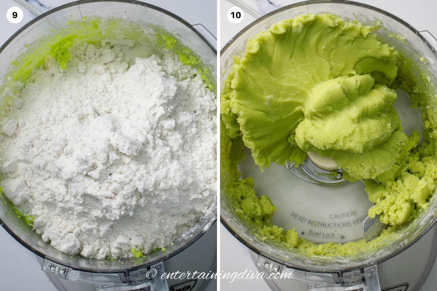 How to blend the flour mixture with the green liquid and butter mixture in a food processor
