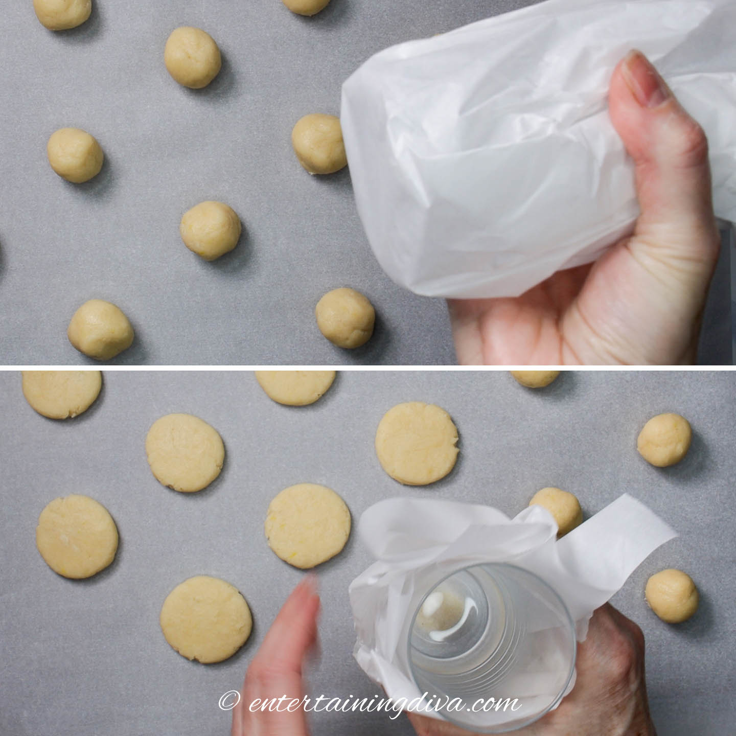 how to flatten cookie dough balls with the bottom of a glass