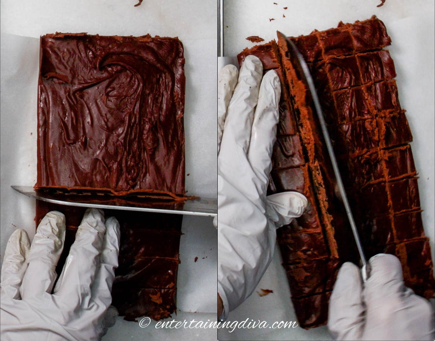 fudge being cut into 1 inch squares