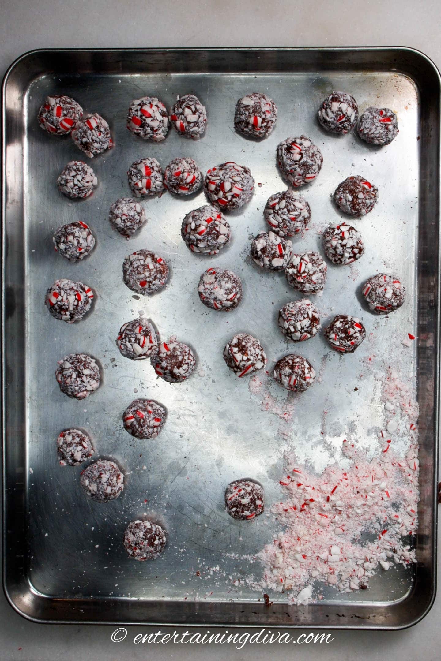 peppermint chocolate fudge balls on a cookie sheet