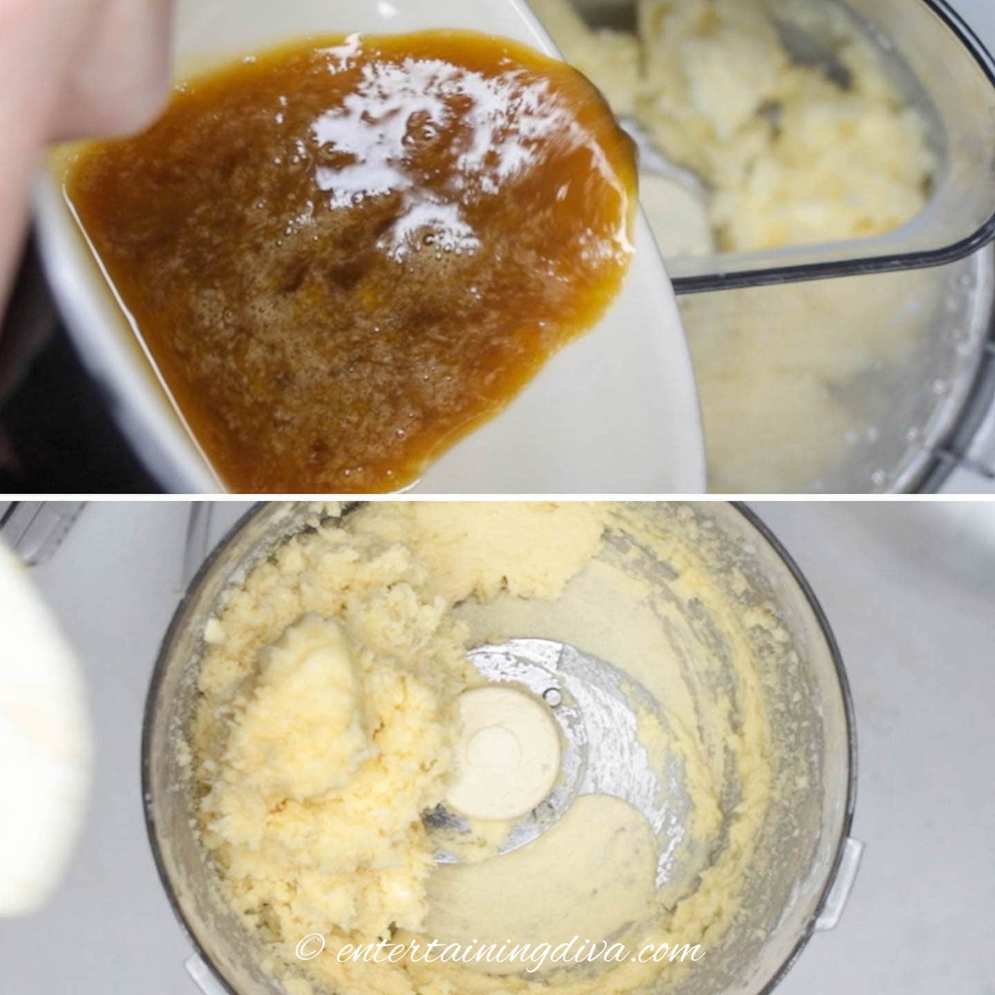 Egg mixture being added and processed