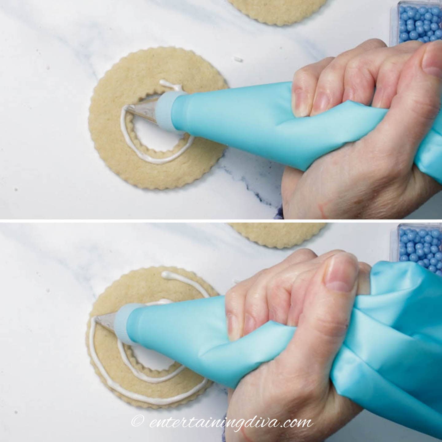Outlining the inside and outside edges of the Christmas wreath cut out cookies with icing