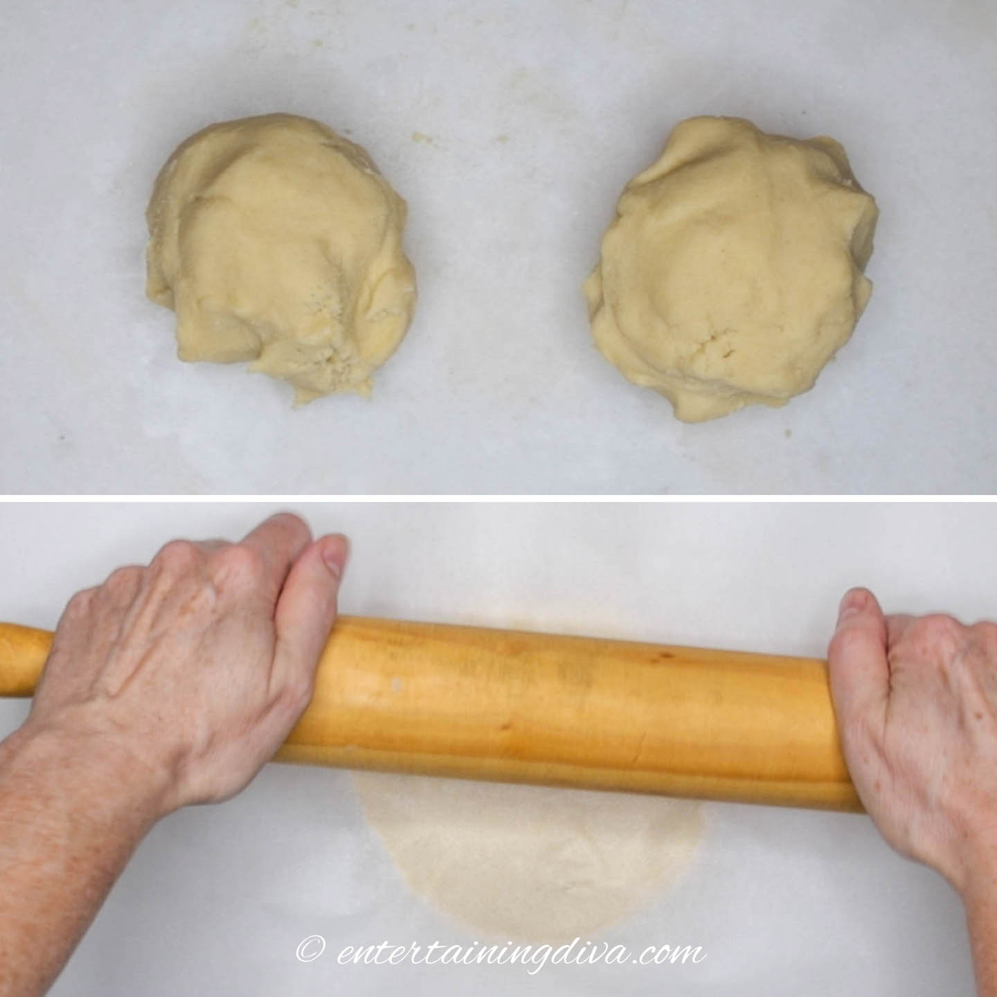 Dough divided into balls and being rolled with a rolling pin