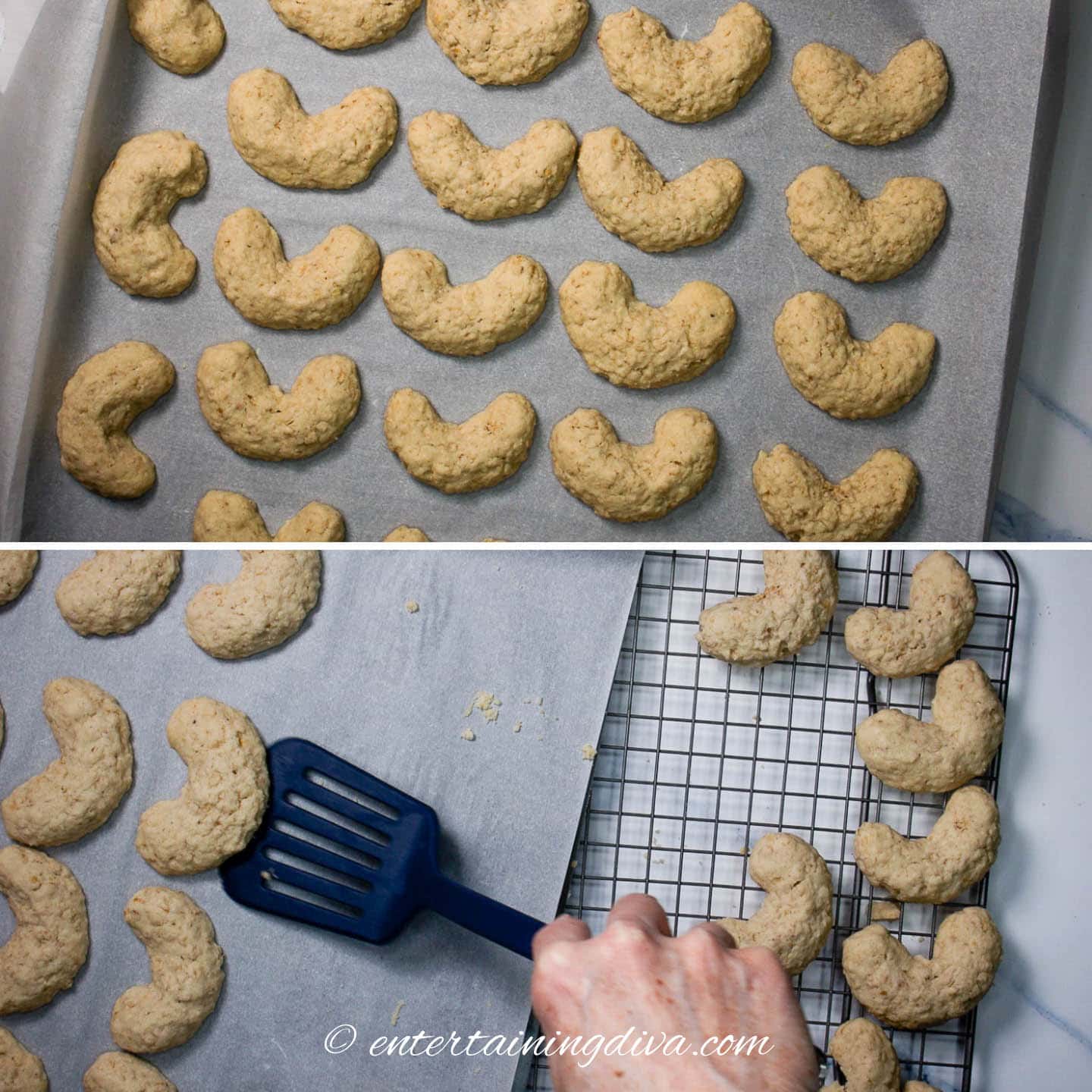 baked crescent cookies on a cookie sheet and cooling rack
