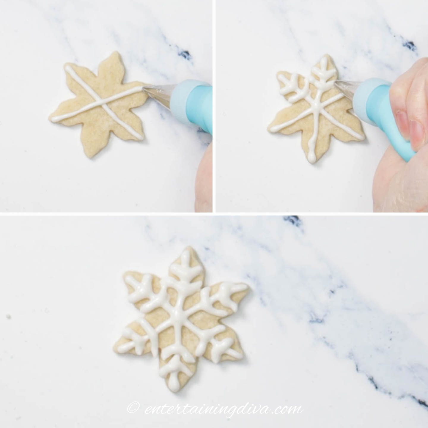 decorating snowflake cookies with white royal icing step-by-step