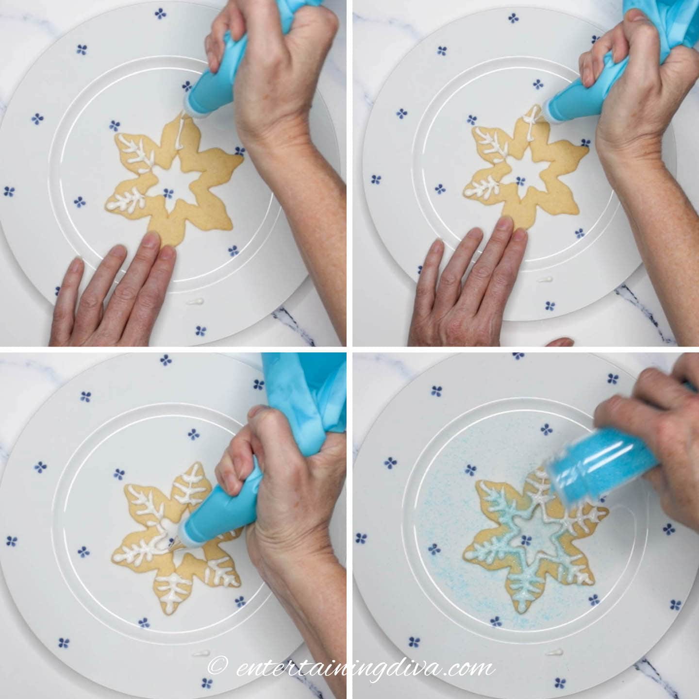 decorating the prettiest snowflake cookies with lacy white royal icing and blue sugar