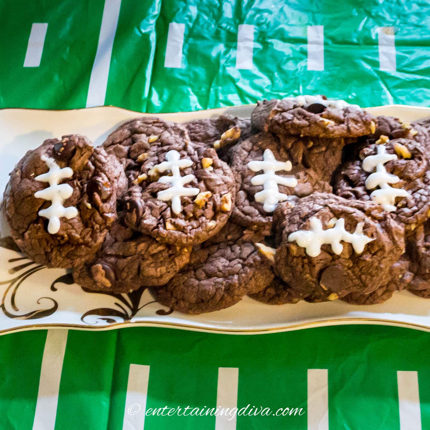 Easy football brownies on a plate