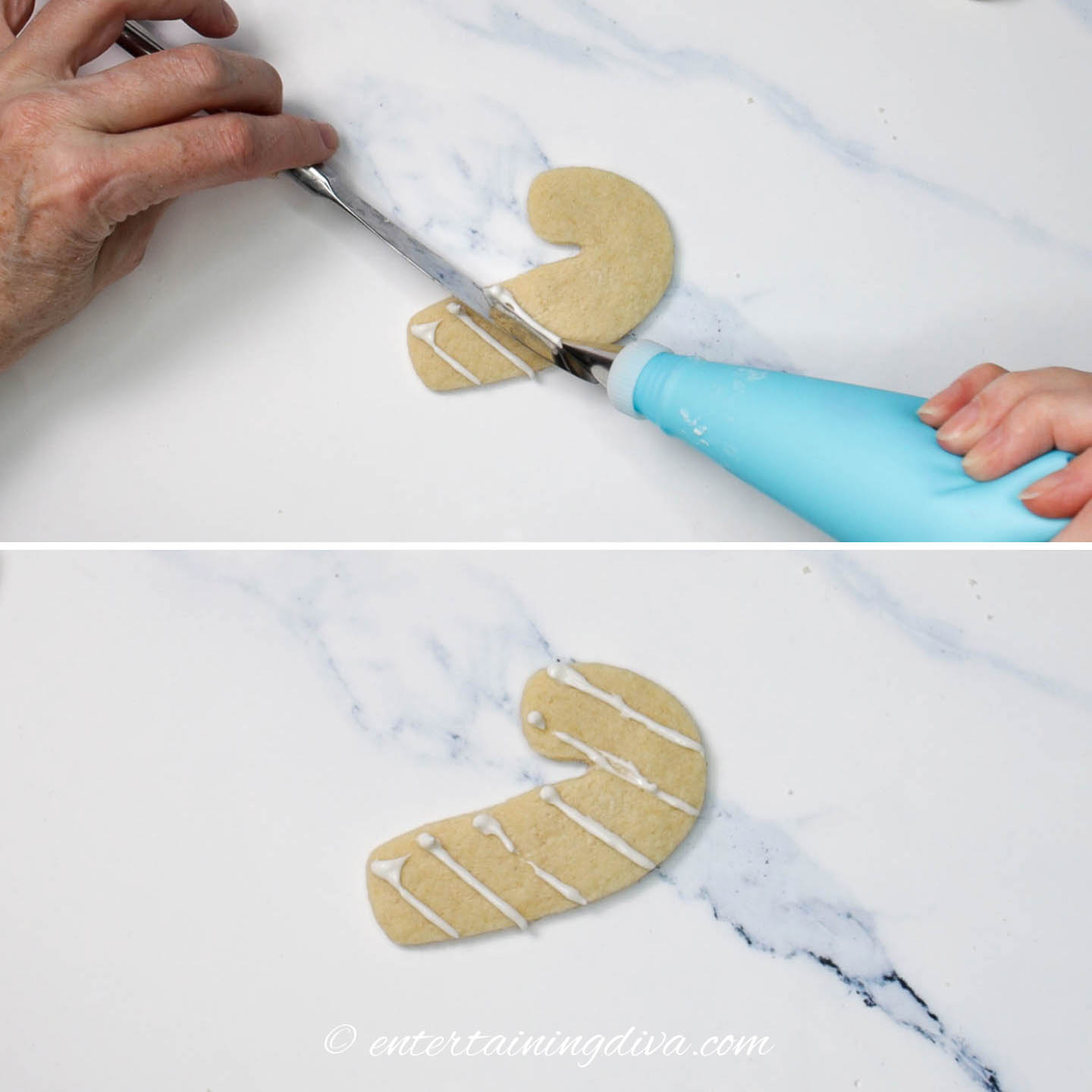 how to draw candy cane stripes with white royal icing