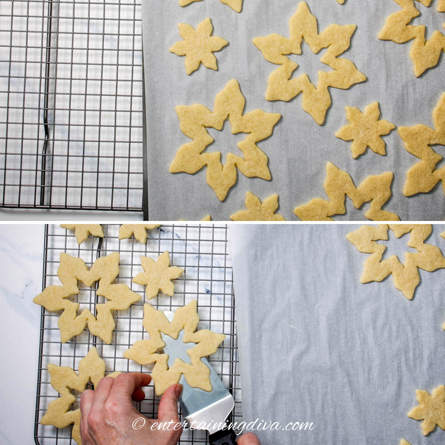 baked snowflake sugar cookies being moved from a cookie sheet to cooling racks