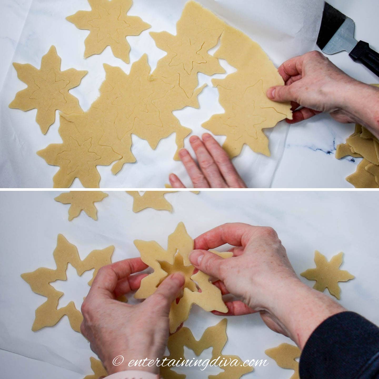 how to separate the snowflake cutouts from the rest of the cookie dough