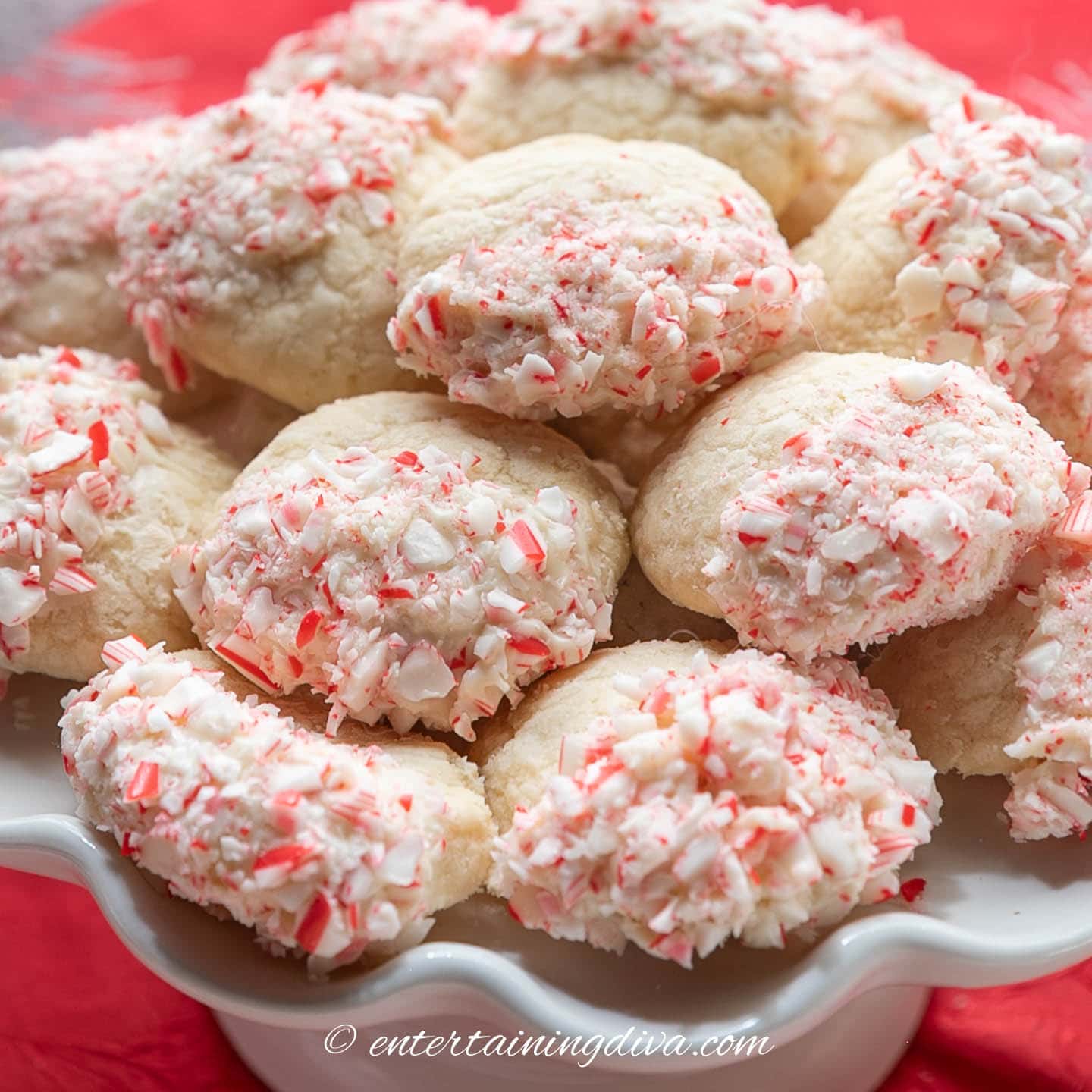 whipped shortbread cookies dipped in white chocolate and crushed candy canes
