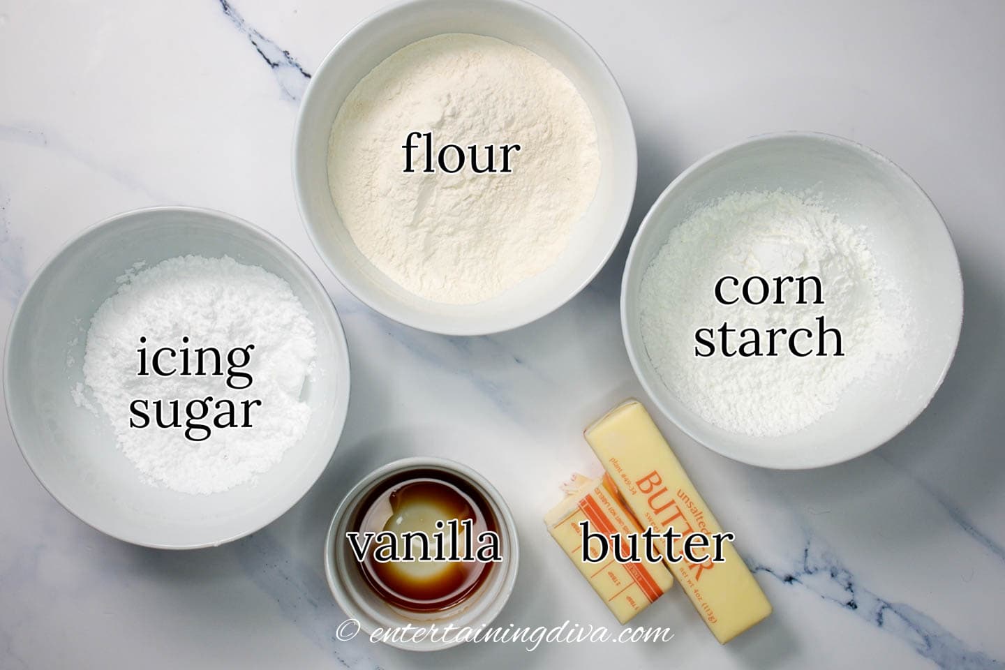 whipped shortbread ingredients - icing sugar, flour, corn starch, vanilla and butter