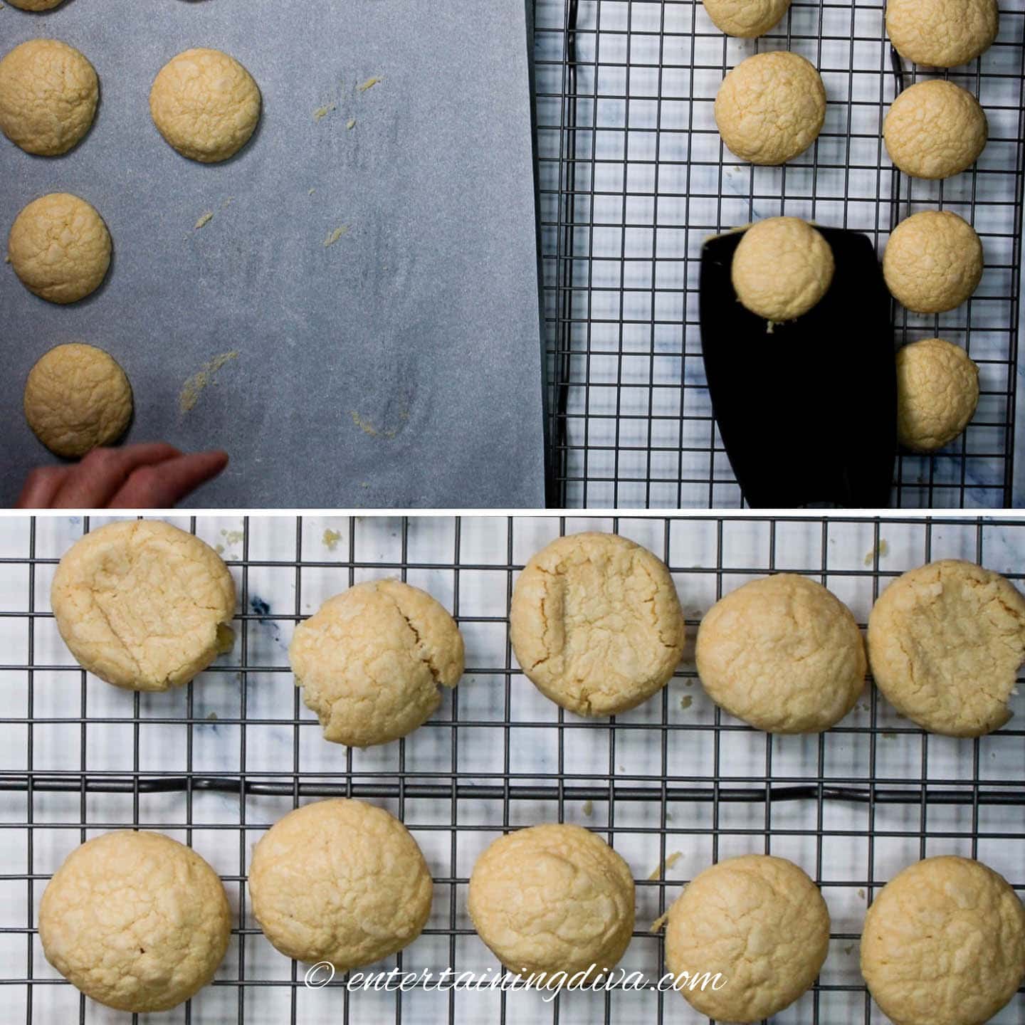 Whipped shortbread cookies being moved to a wire cooling rack after baking