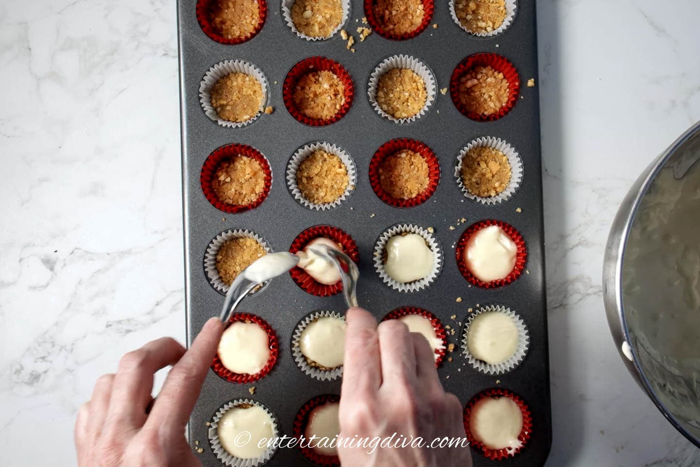 Fill mini cupcake liners with cheesecake batter