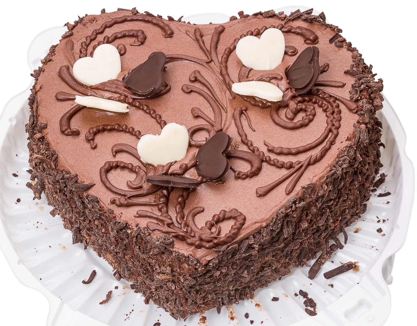 chocolate heart cake with swirl icing decorations