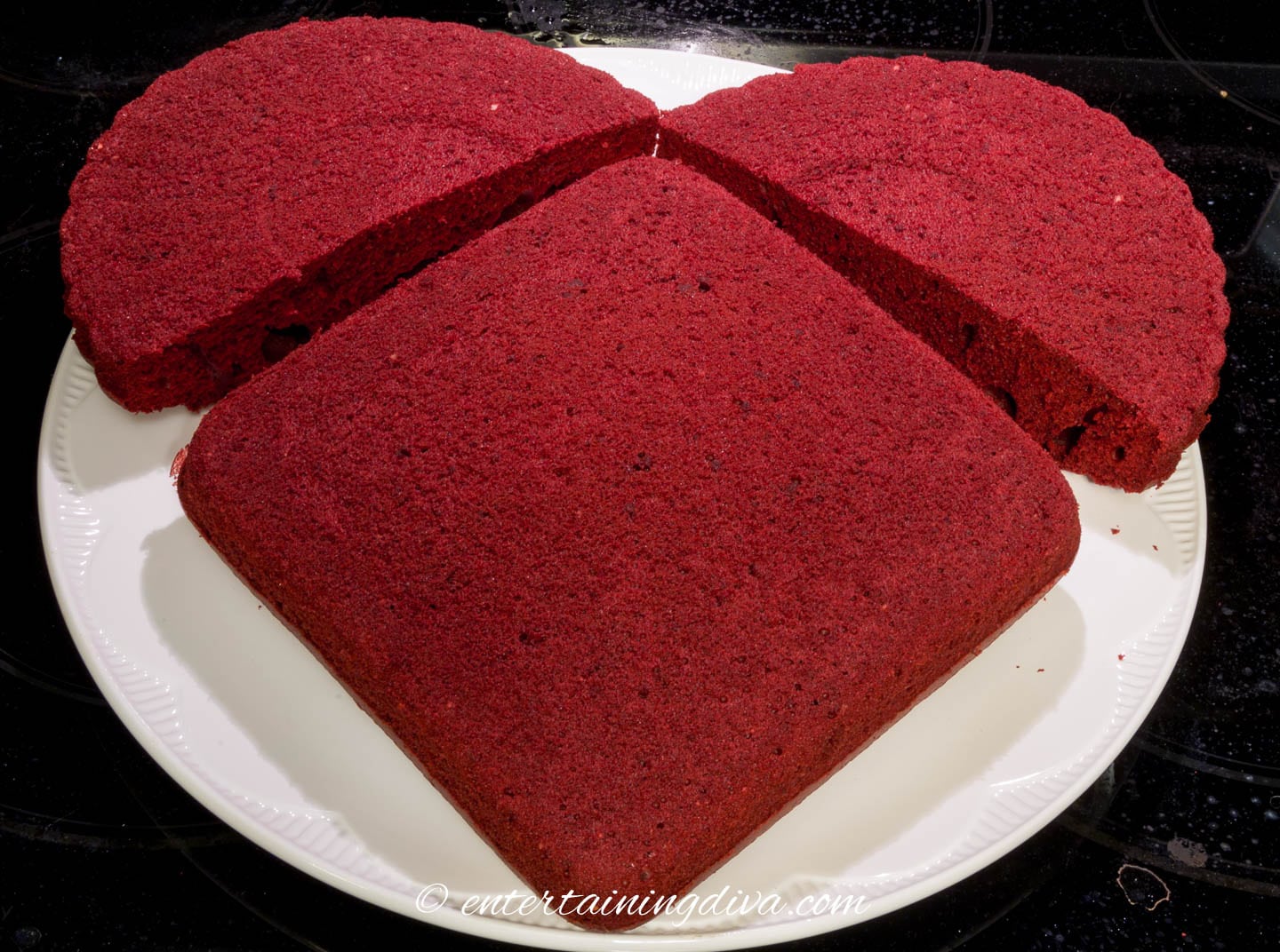 square red velvet cake turned on an angle